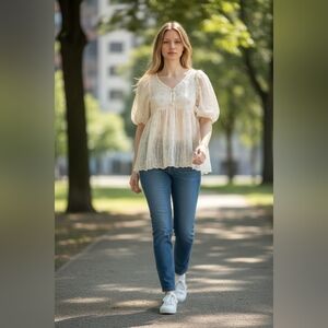 Elegant White Floral Women's Blouse Size XL